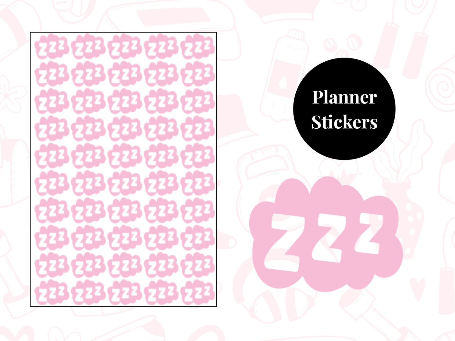 ZZZ Sticker Sheet Self Care Planner Stickers Wellness Icons 50 Pack 7 Colours