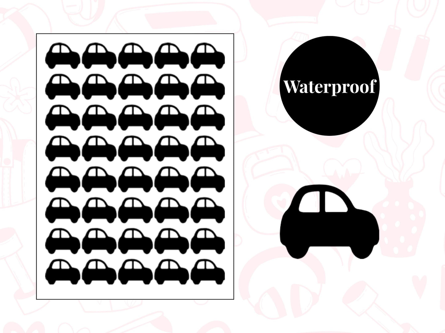 Car Icon Vinyl Stickers for Planners, Journals – Waterproof, 40 Pack