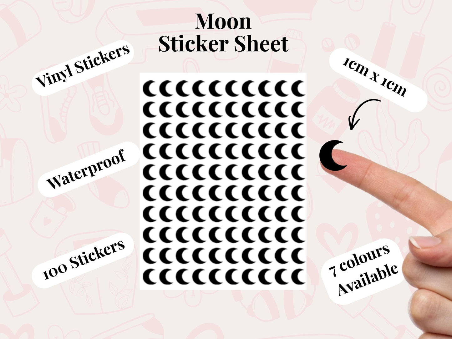 Moon Sticker Sheet Self Care Planner Stickers Wellness Icons 100 Pack 7 Colours