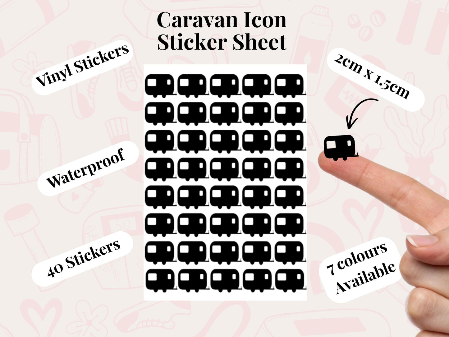 Caravan Icon Vinyl Stickers for Planners, Journals – Waterproof, 42 Pack