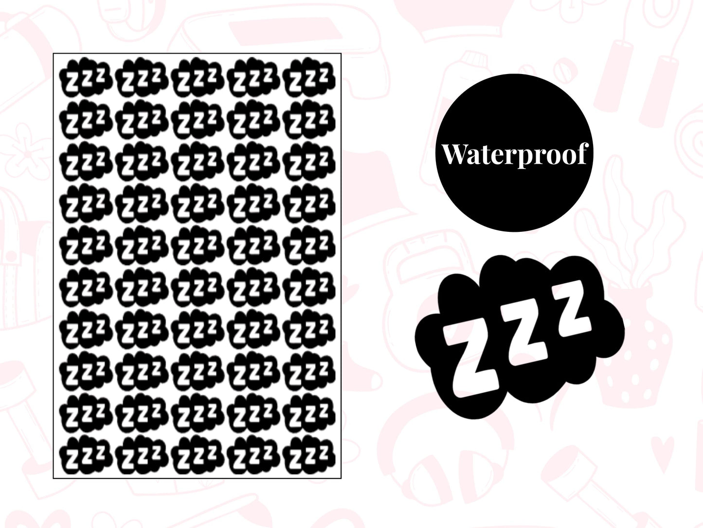 ZZZ Sticker Sheet Self Care Planner Stickers Wellness Icons 50 Pack 7 Colours