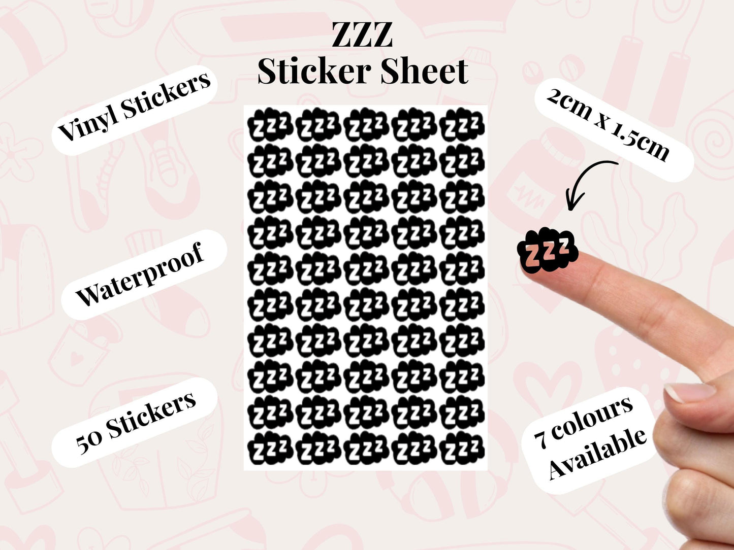 ZZZ Sticker Sheet Self Care Planner Stickers Wellness Icons 50 Pack 7 Colours