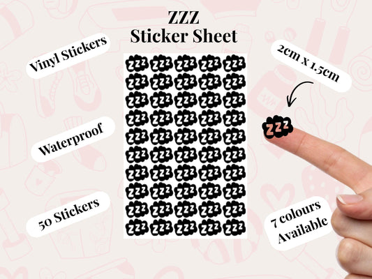 ZZZ Sticker Sheet Self Care Planner Stickers Wellness Icons 50 Pack 7 Colours