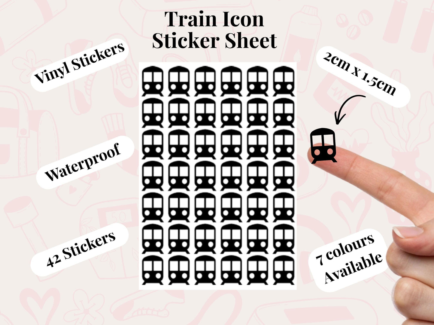 Train Icon Vinyl Stickers for Planners, Journals – Waterproof, 42 Pack
