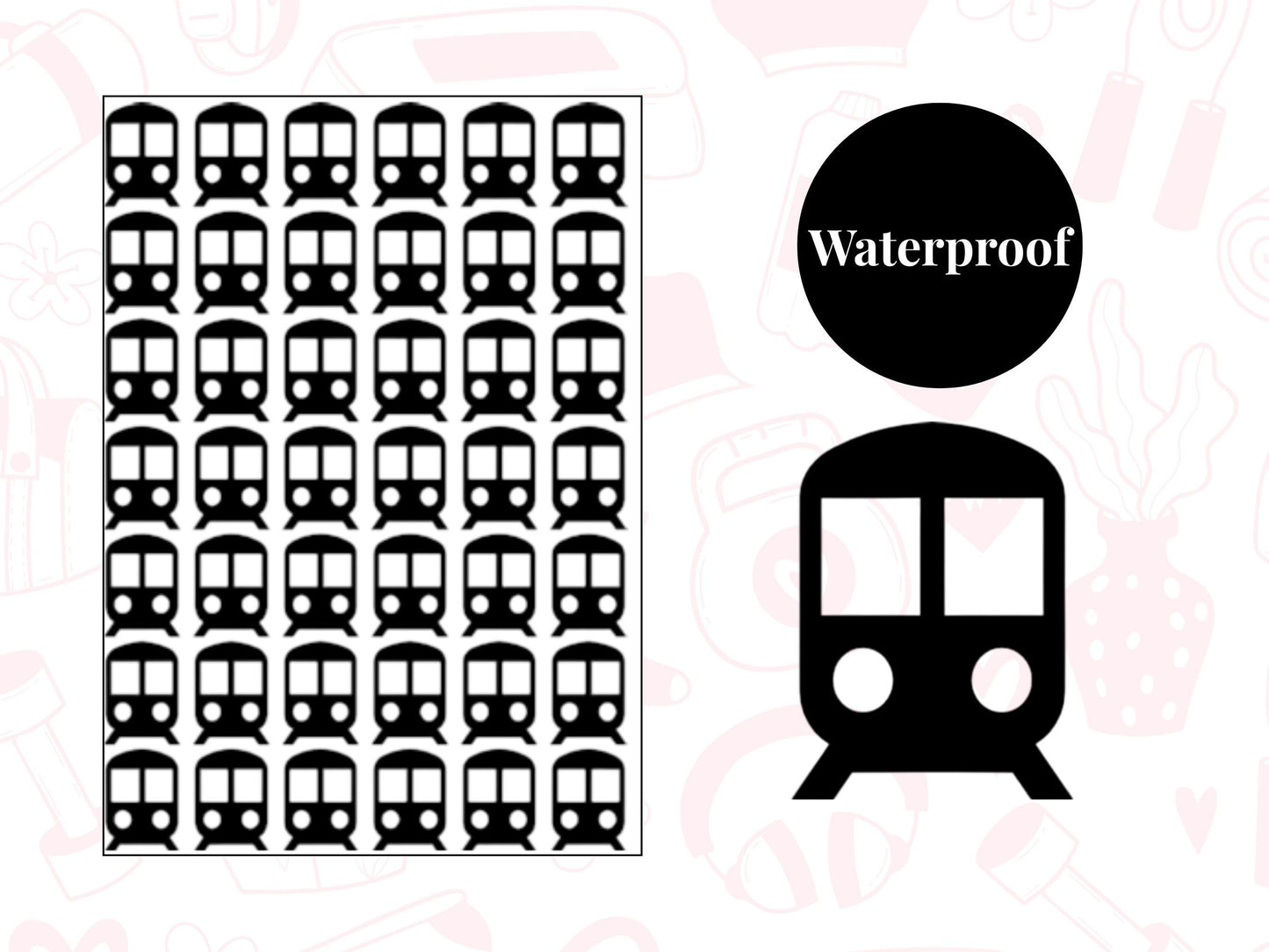 Train Icon Vinyl Stickers for Planners, Journals – Waterproof, 42 Pack