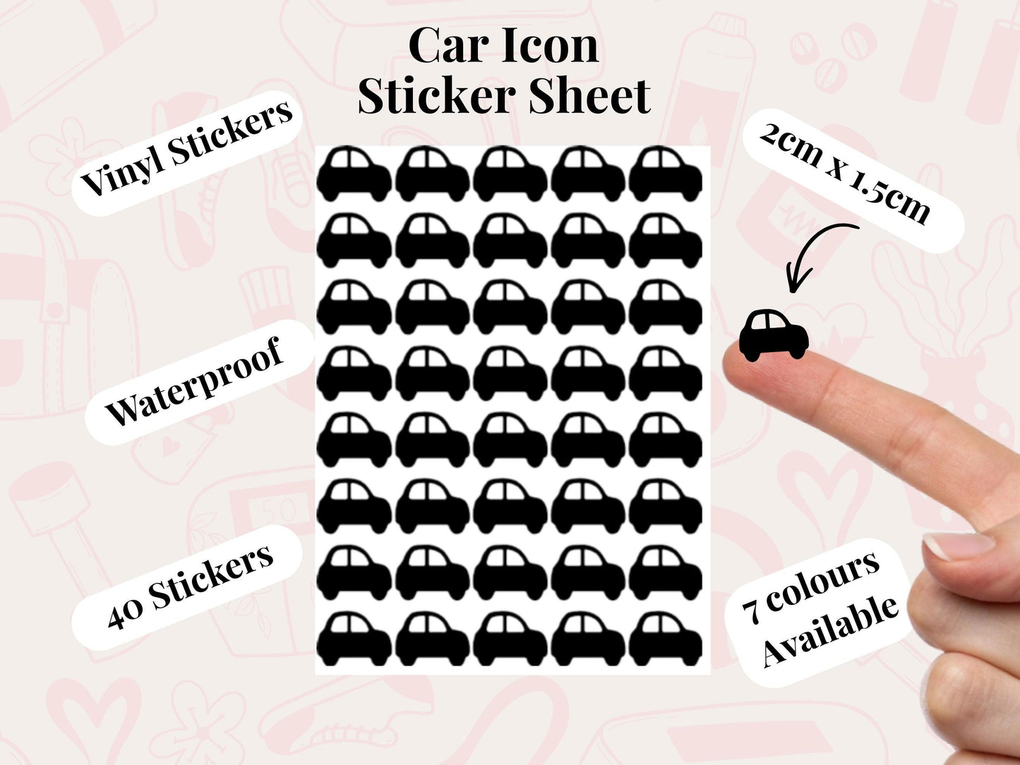 Car Icon Vinyl Stickers for Planners, Journals – Waterproof, 40 Pack