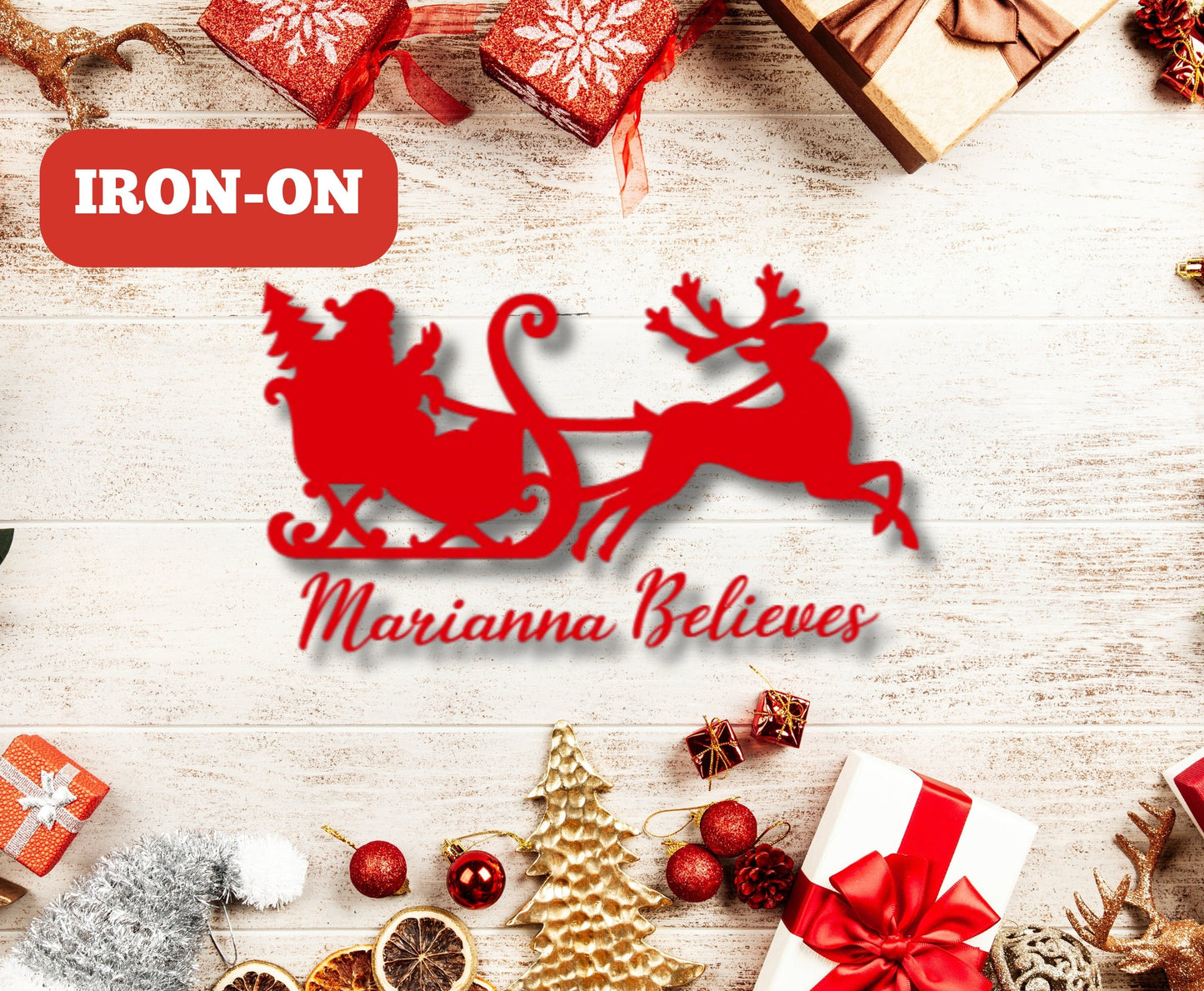 Vinyl Iron-On Transfer, DIY Christmas Heat Transfer, Custom Iron-On, Personalised Heat Transfer, Santa and Sleigh Heat Transfer