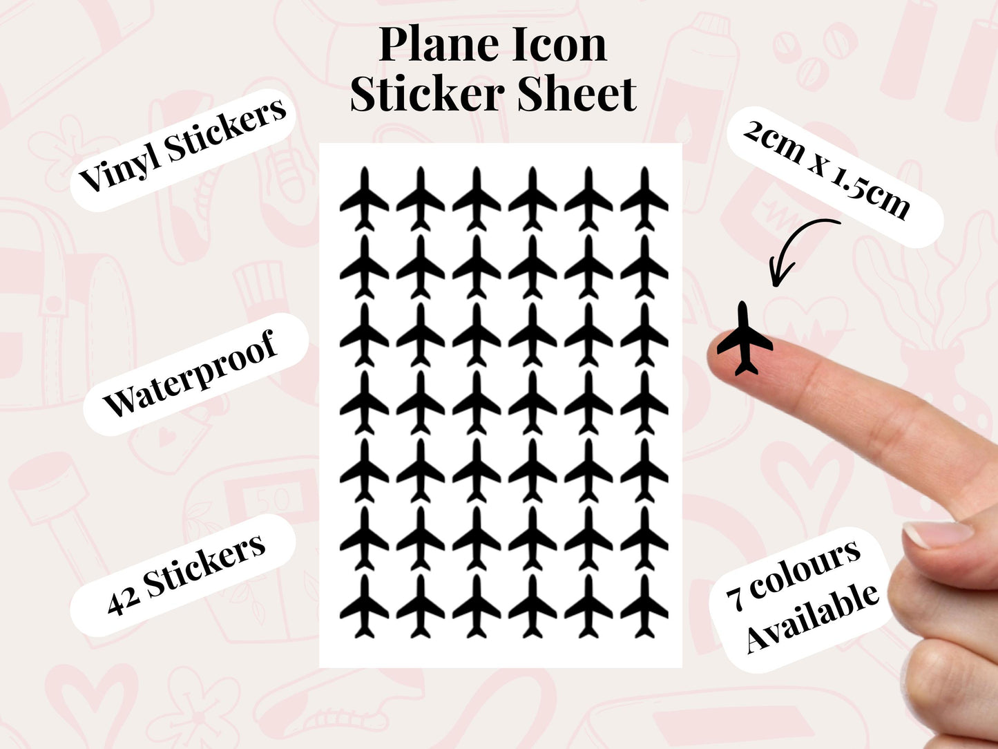 Plane Icon Vinyl Stickers for Planners, Journals – Waterproof, 42 Pack